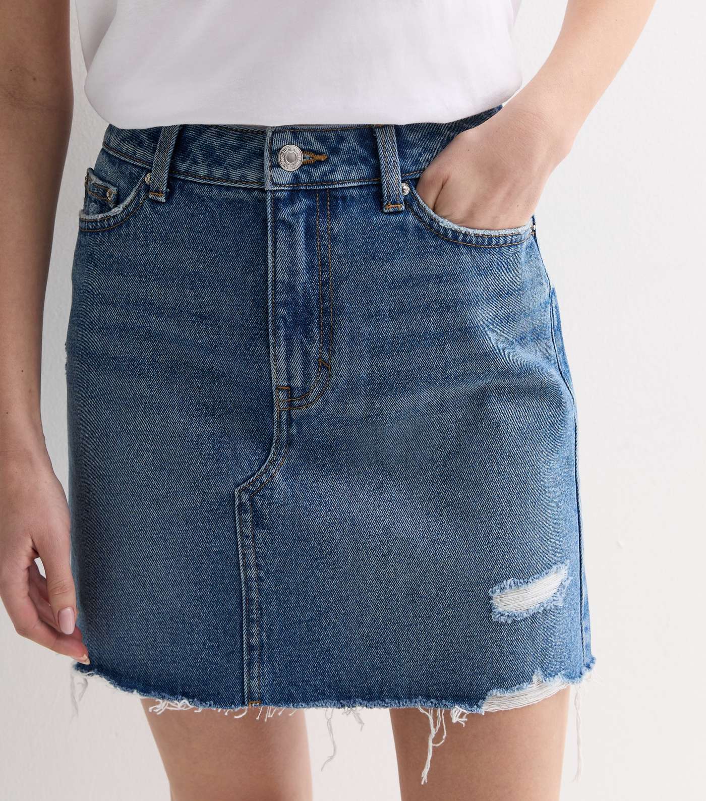 Blue Denim Raw Hem A-Line Mini Skirt Image 2