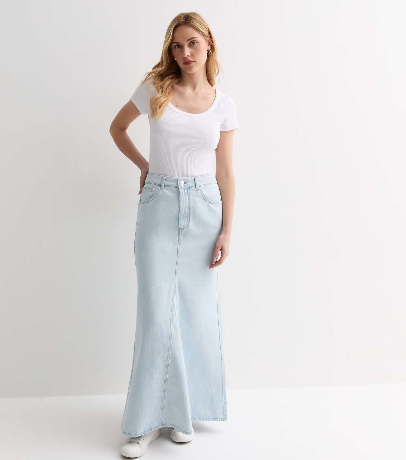 Pale Blue Denim High Waist Maxi Skirt Image 3
