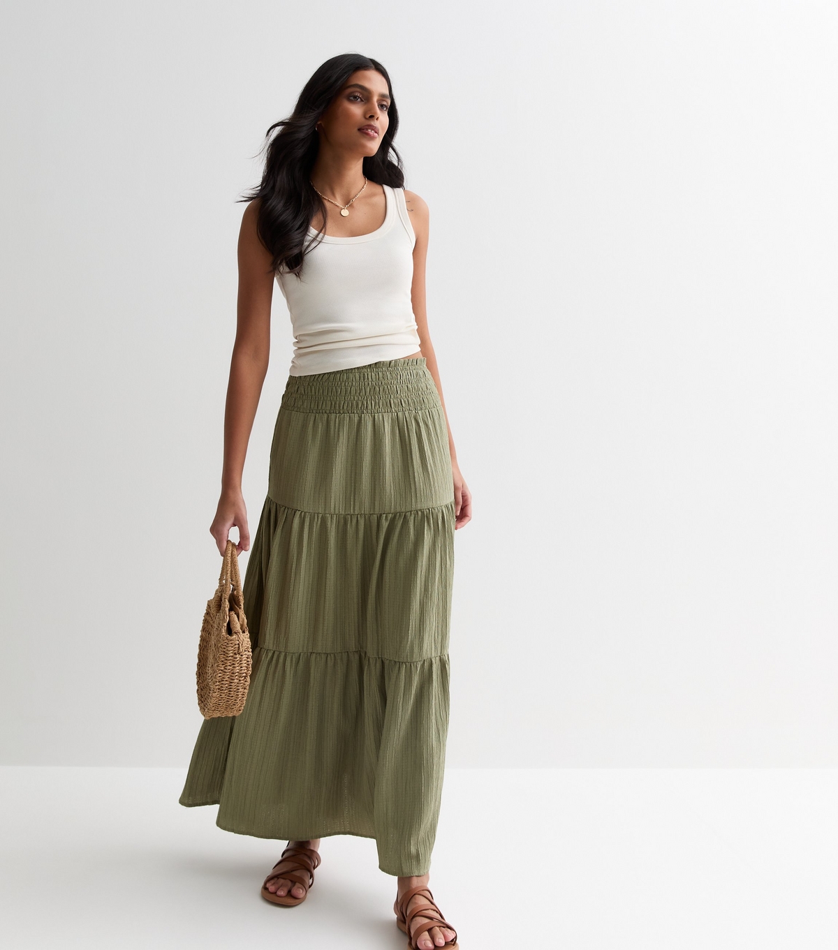 Women's Olive Tiered Smock Maxi Skirt Gini London New Look