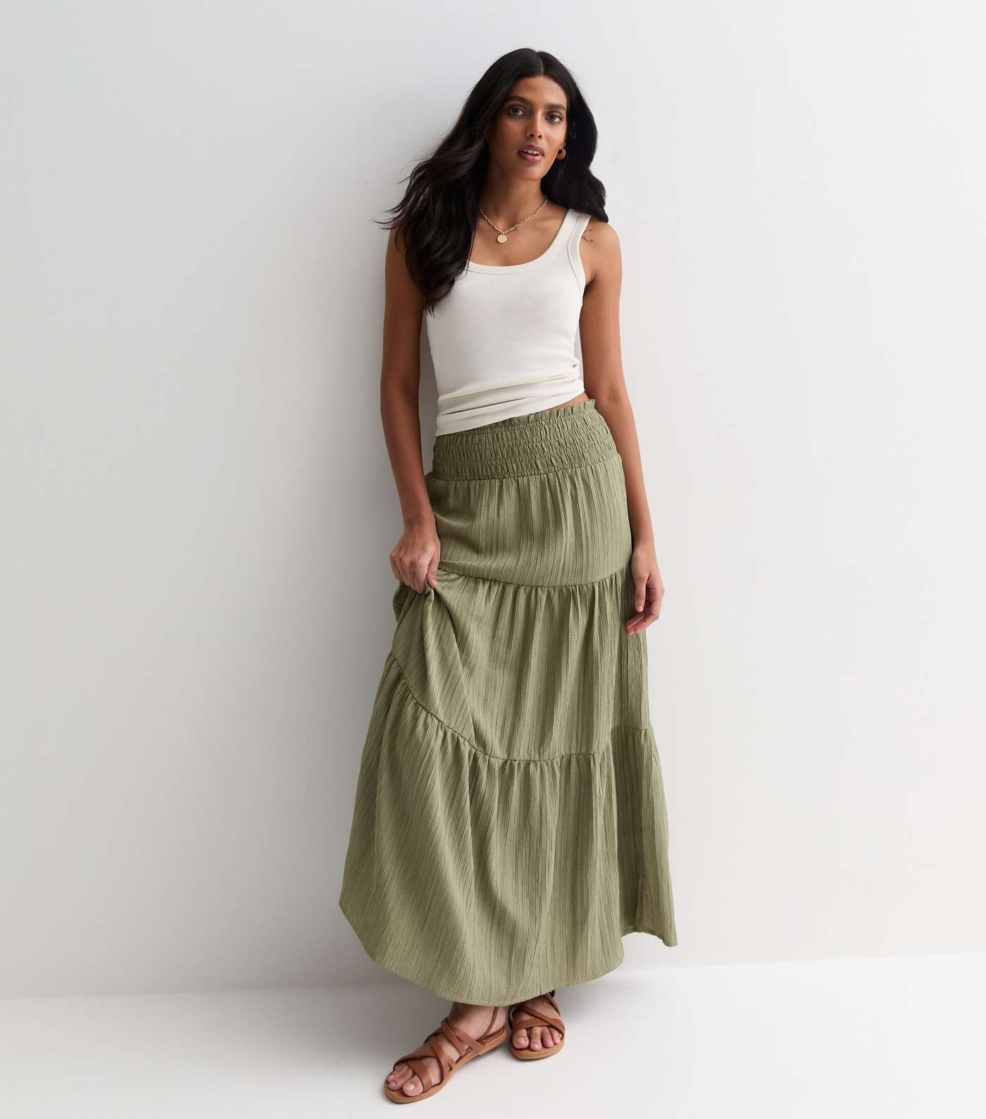 Gini London Olive Tiered Smock Maxi Skirt Image 3