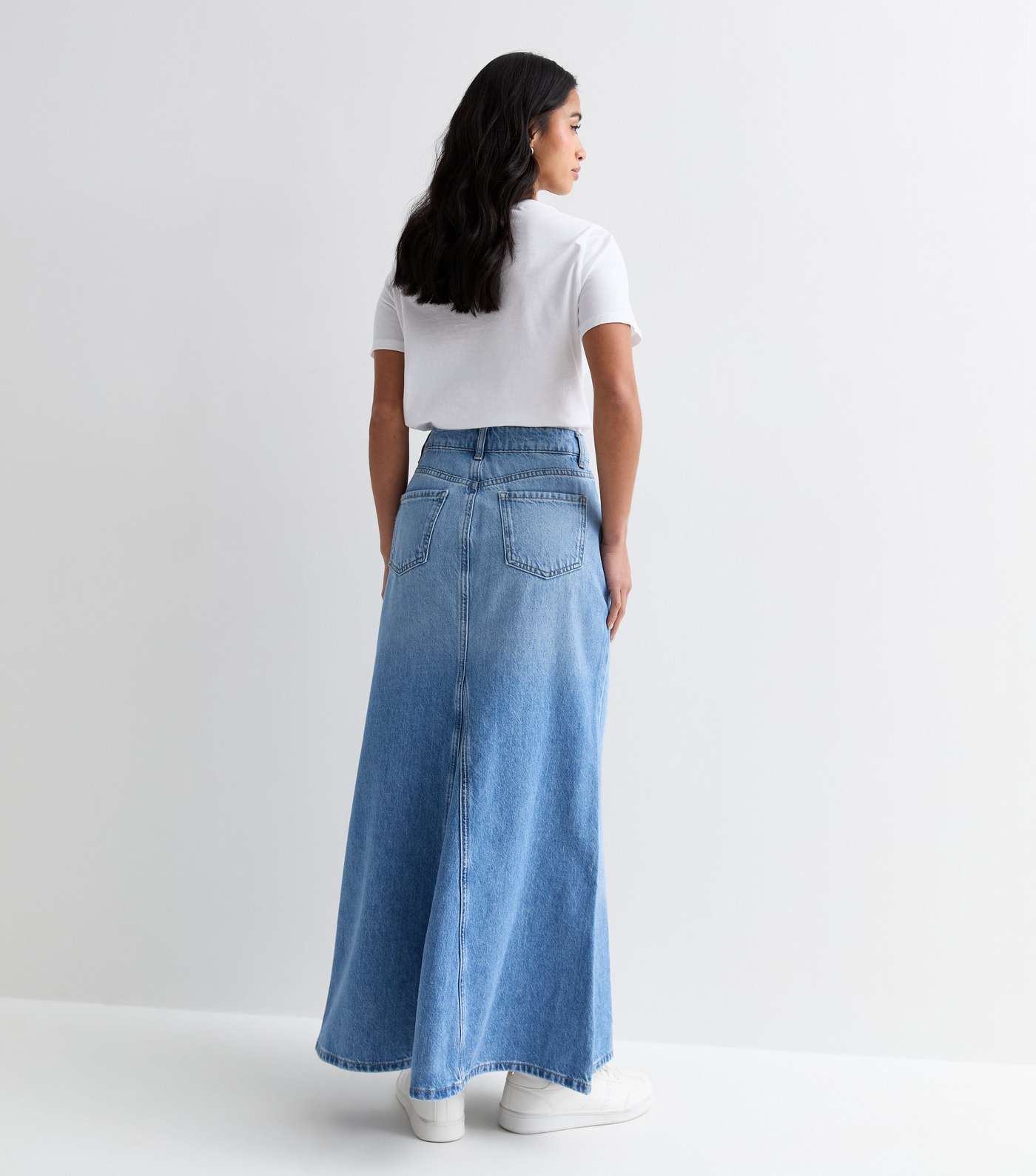 Petite Pale Blue Denim Flared Maxi Skirt Image 4
