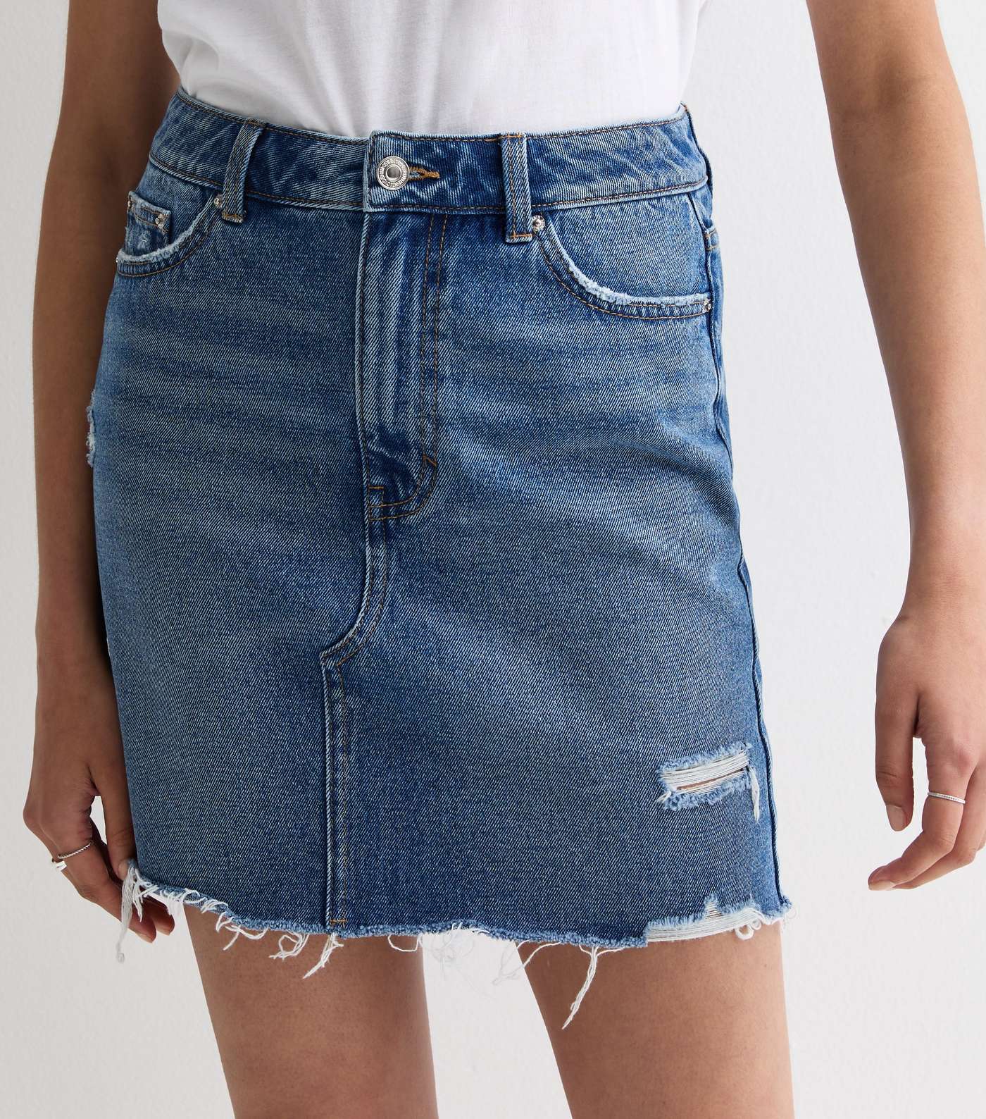 Tall Blue Denim Raw Hem Mini Skirt Image 2