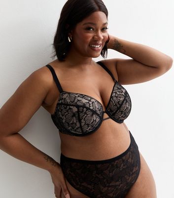 Curves Black Butterfly Lace Plunge Bra New Look