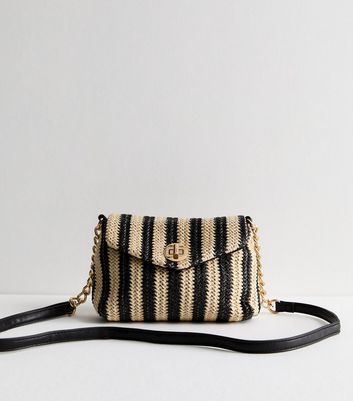 Black Stripe Raffia Cross Body Bag New Look