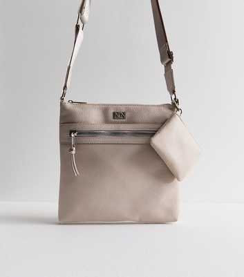 Pale Grey Grain Leather-Look Coin Purse Messenger Bag