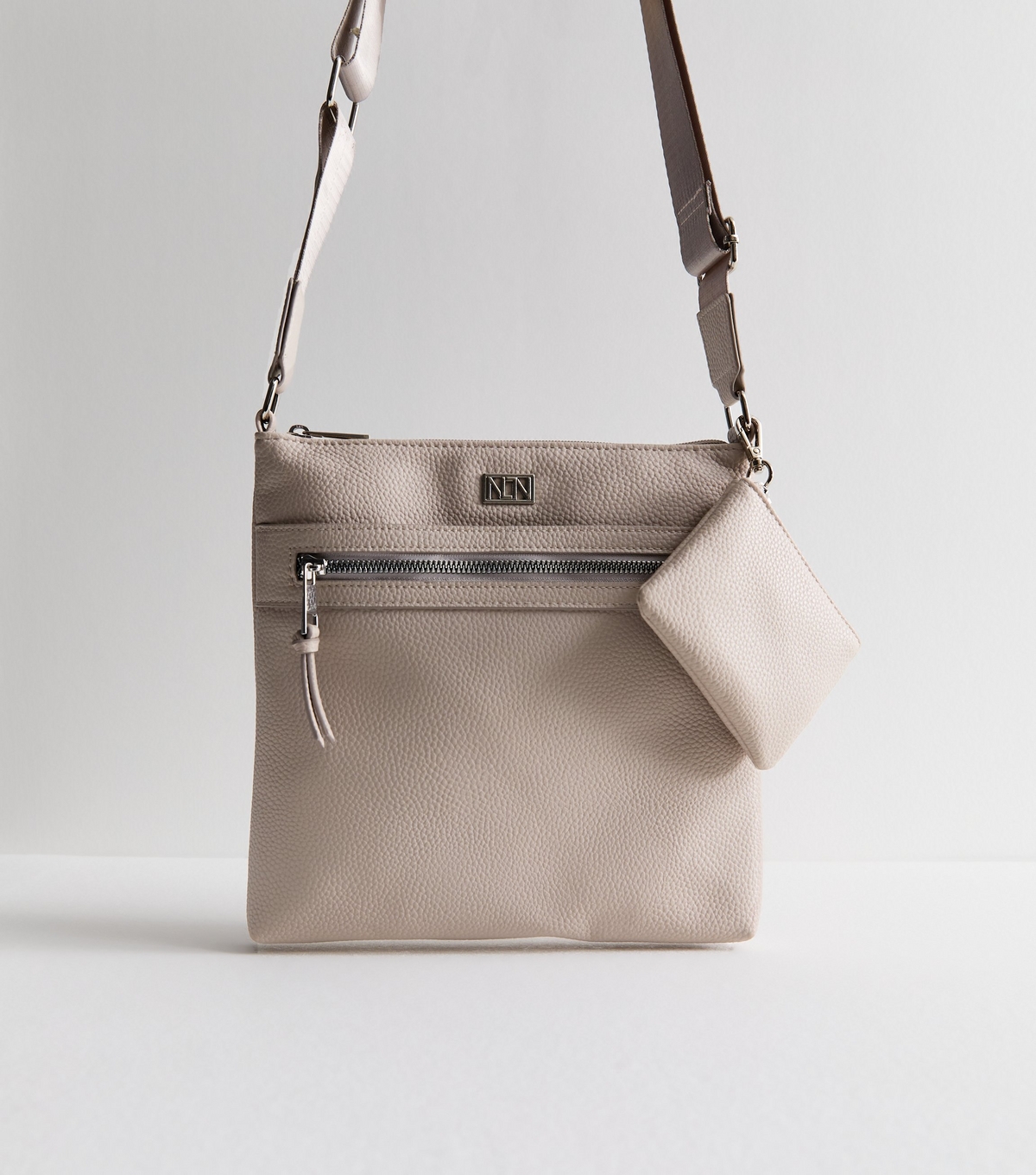 Pale Grey Grain Leather-Look Coin Purse Messenger Bag Vegan New Look