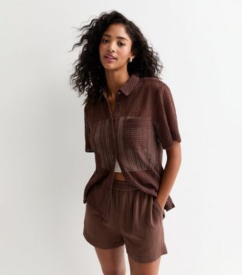 Dark Brown Crochet Short Sleeve Shirt New Look