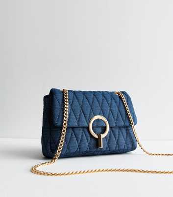 Blue Quilted Denim Ring Front Cross Body Bag