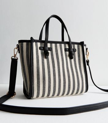 Black Canvas Stripe Mini Tote Bag New Look