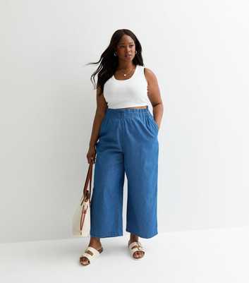 ONLY Curves Blue Denim Cropped Wide Leg Trousers