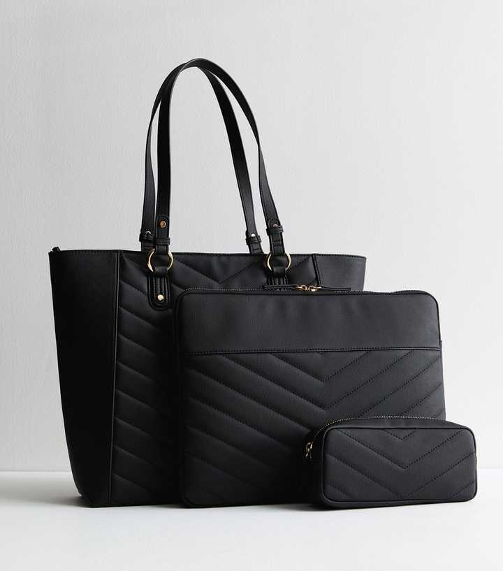 Black Quilted Tote Bag Trio Set