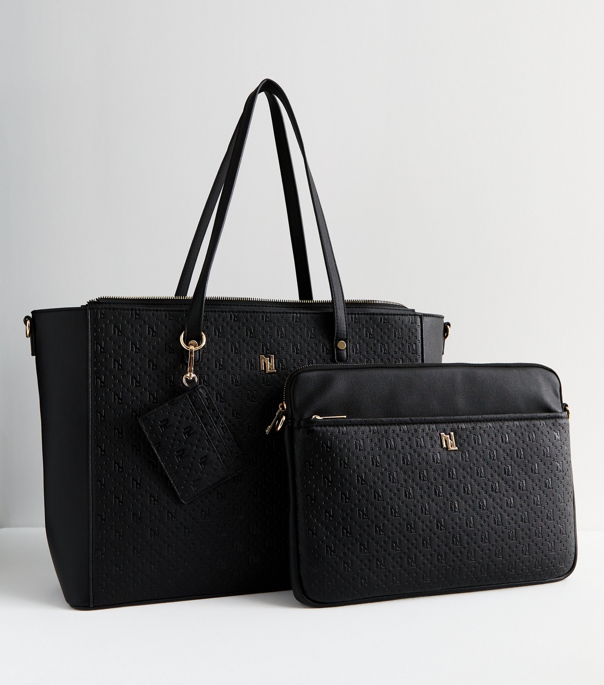 Black Embossed Tote Bag Trio Set Vegan New Look