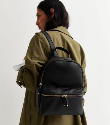 Black LeatherLook Pocket Front Midi Backpack New Look