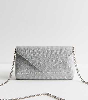 Silver Metallic Diamante Envelope Clutch Bag