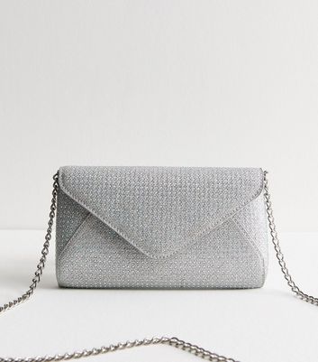 Silver Metallic Diamante Envelope Clutch Bag New Look