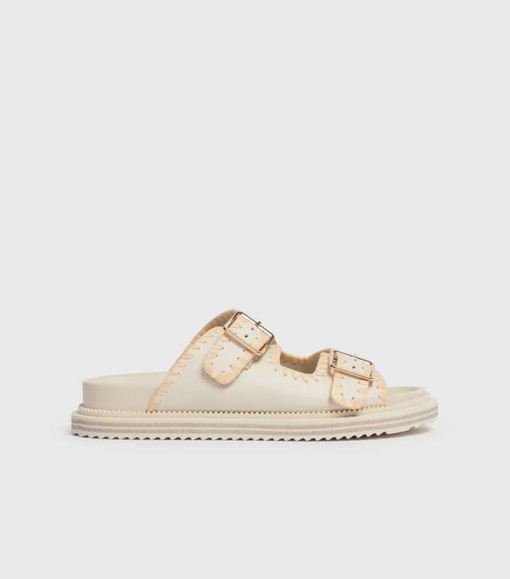 London Rebel White Leather-Look Double Buckle Strap Sliders