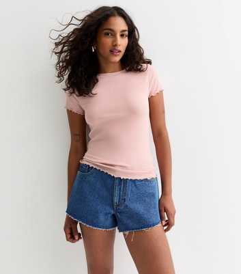 Petite Pink Ribbed Frill Sleeve T-Shirt