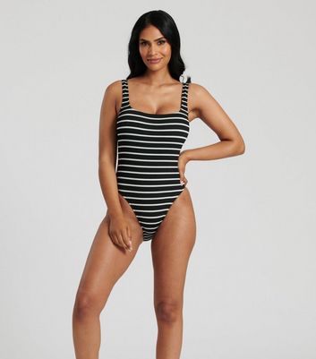 South Beach Black Stripe Textured Scoop Neck Swimsuit New Look