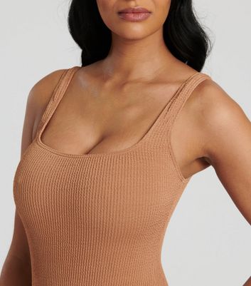 South Beach Light Brown Textured Scoop Neck Swimsuit New Look