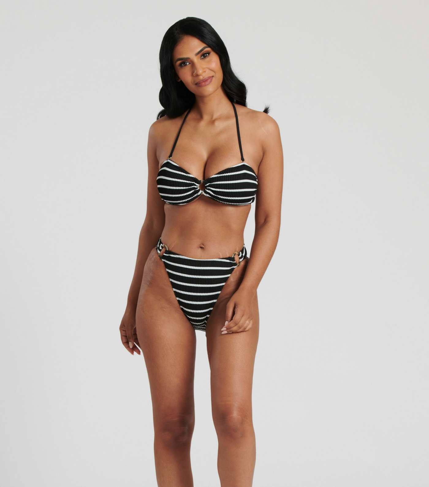 South Beach Black Stripe Crinkle Ring High Leg Bikini Bottoms Image 3