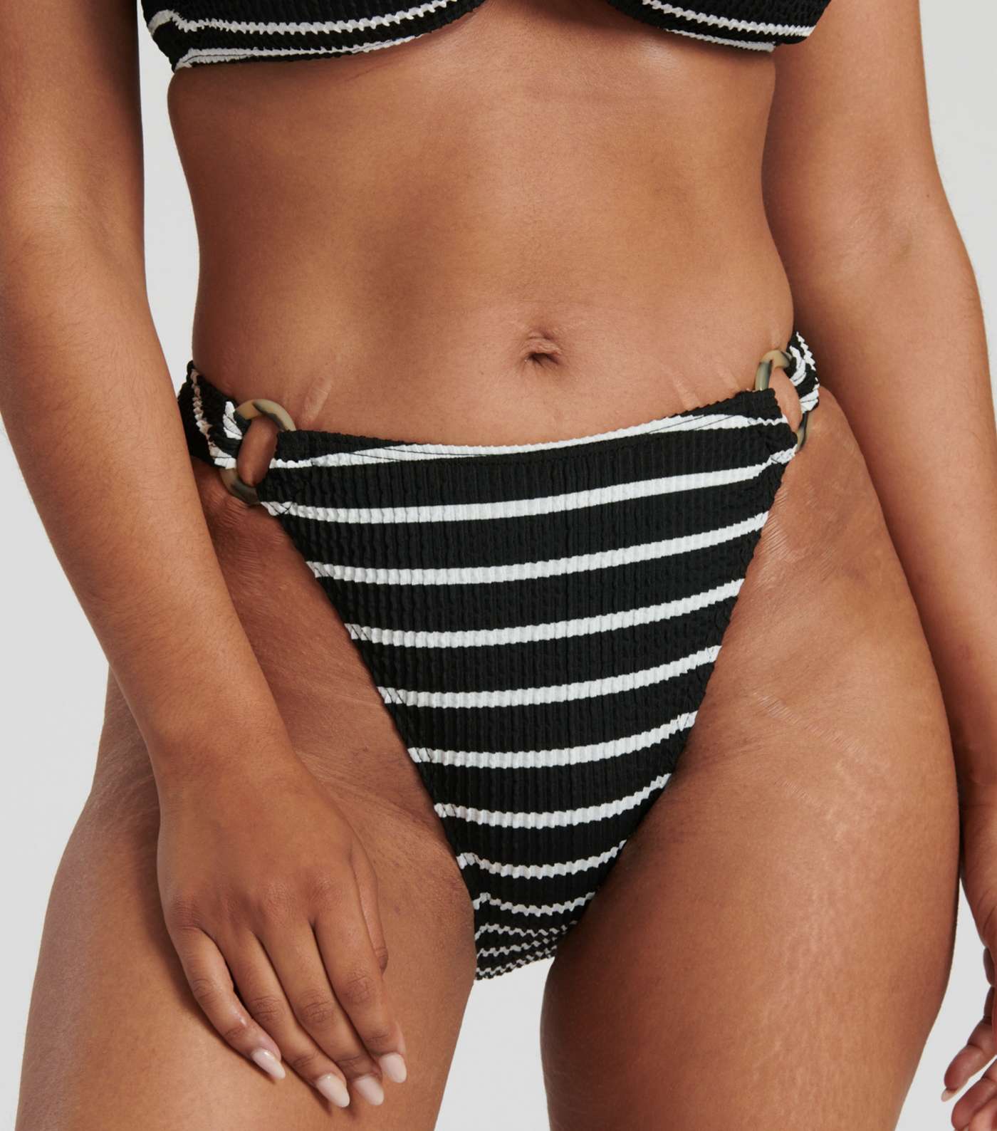 South Beach Black Stripe Crinkle Ring High Leg Bikini Bottoms Image 5