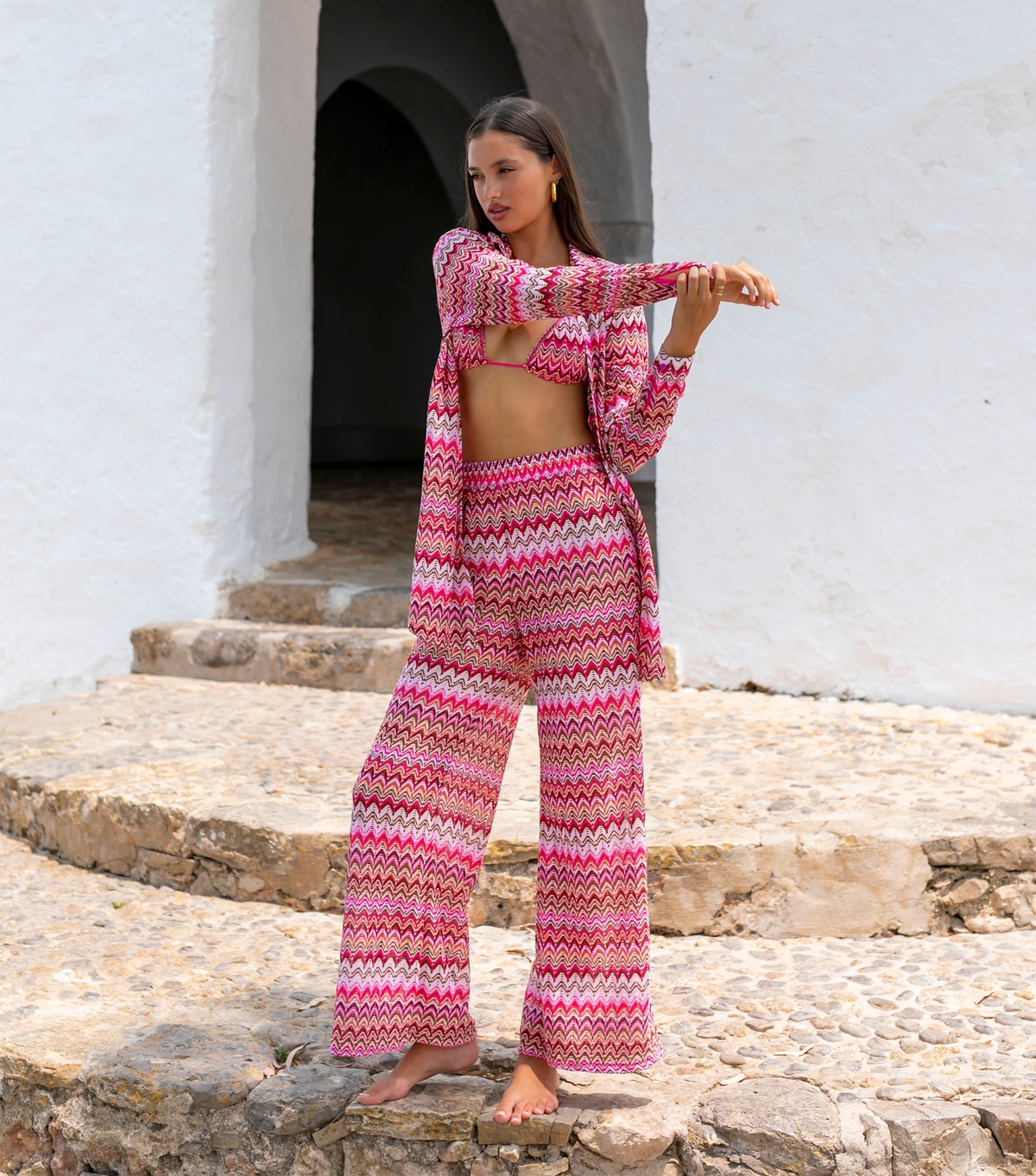 Women's Pink Crochet Stripe Beach Trousers South Beach New Look