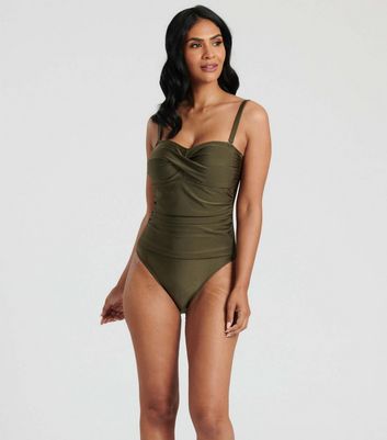 South Beach Green Twist Front Shaping High Leg Swimsuit New Look