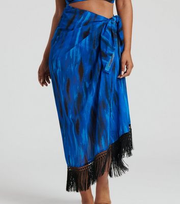 South Beach Blue Abstract Print Fringed Tie Side Sarong New Look