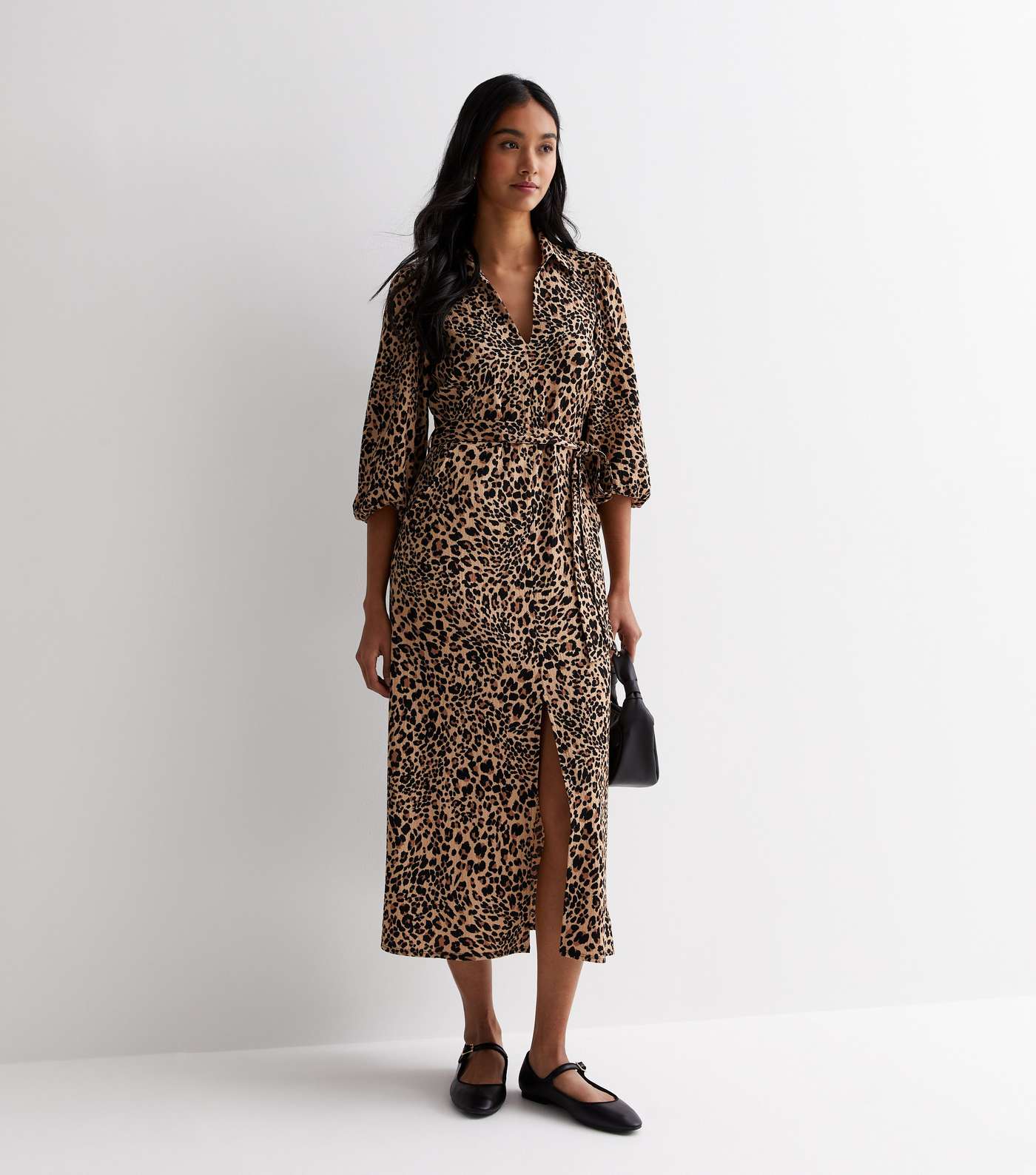 Brown Leopard Print Crinkle Midaxi Dress Image 3