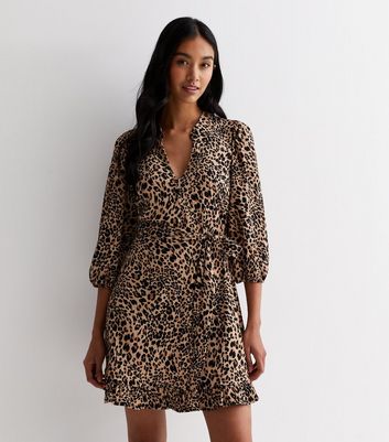 Brown Leopard Print Belted Ruffle Hem Mini Shirt Dress New Look