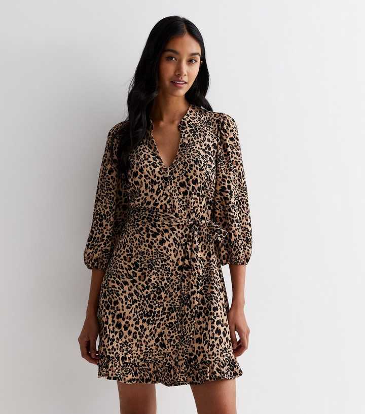 Brown Leopard Print Belted Ruffle Hem Mini Shirt Dress