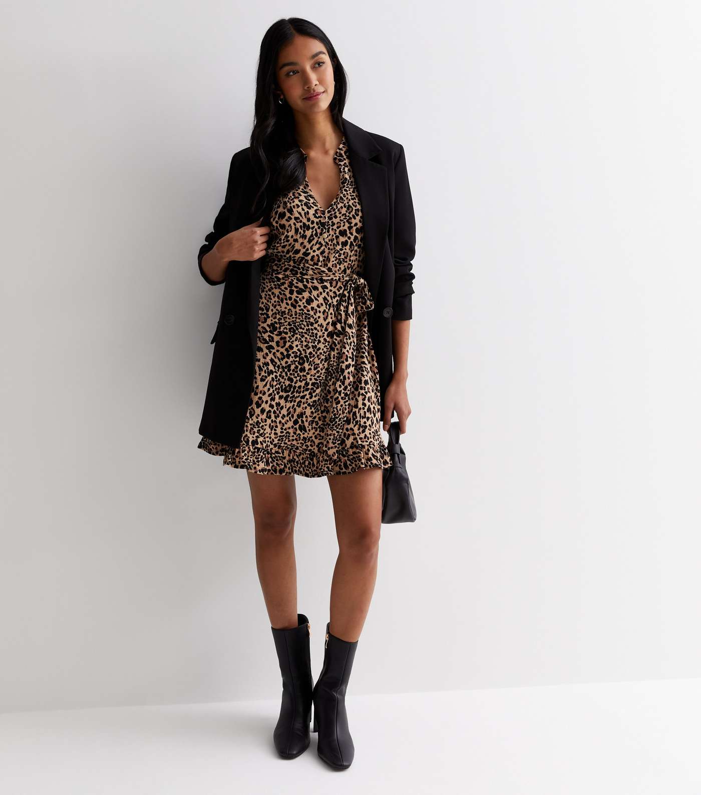 Brown Leopard Print Belted Ruffle Hem Mini Shirt Dress Image 3