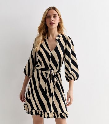 Brown Stripe Belted Ruffle Hem Mini Shirt Dress