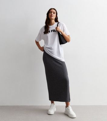Dark Grey Ribbed Split Hem Midi Skirt New Look