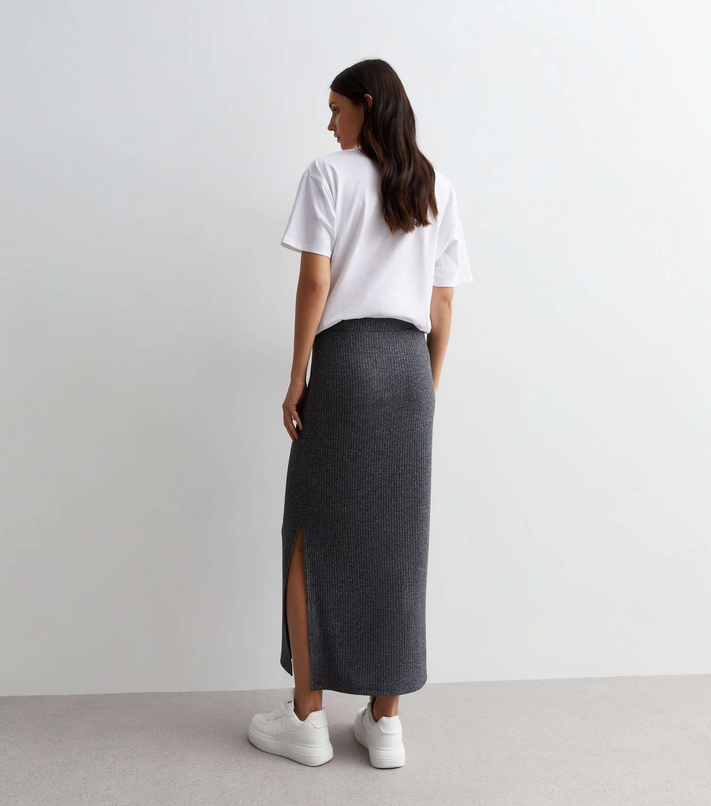 Dark Grey Ribbed Split Hem Midi Skirt Image 4