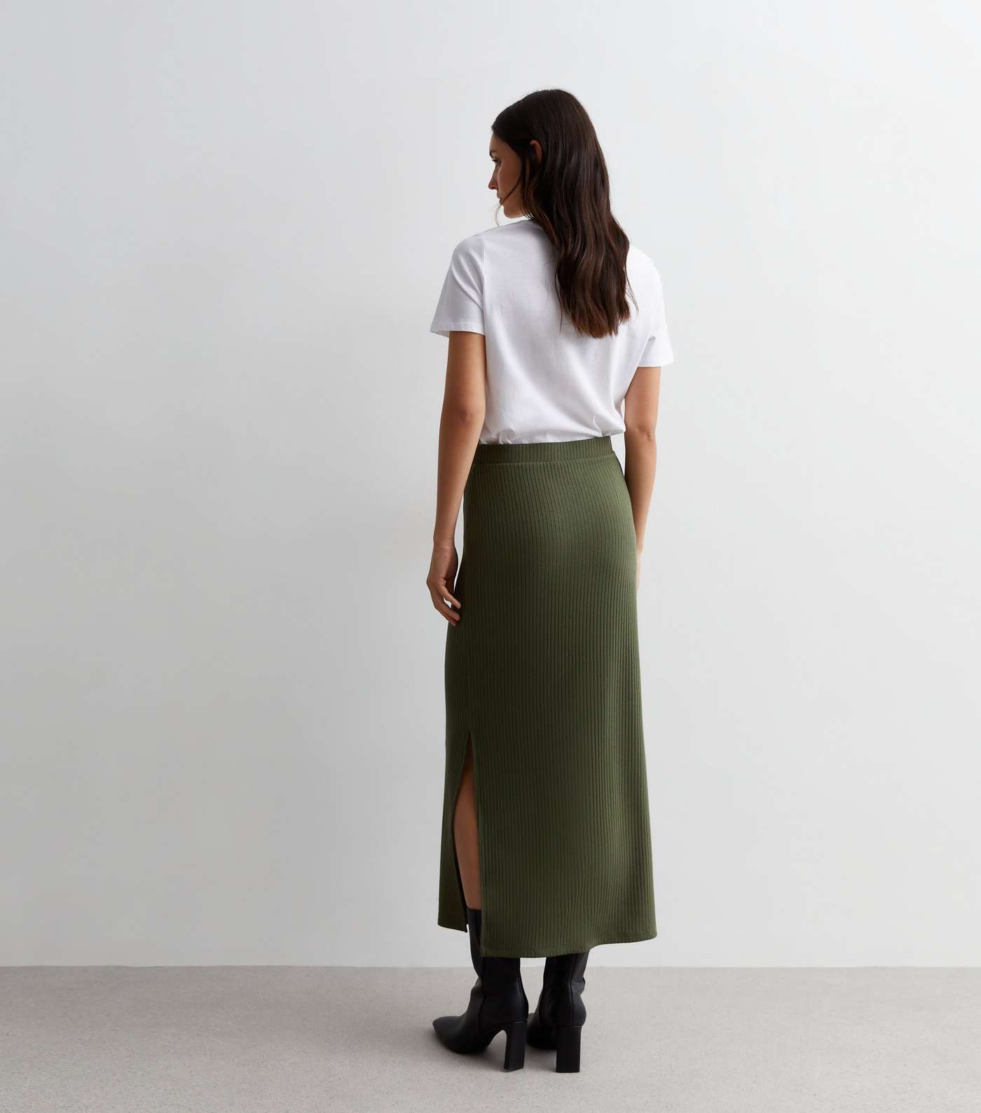 Khaki Ribbed Split Hem Midi Skirt Image 4