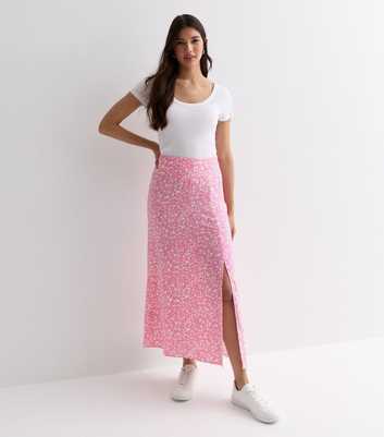 Pink Ditsy Floral Split Hem Midi Skirt