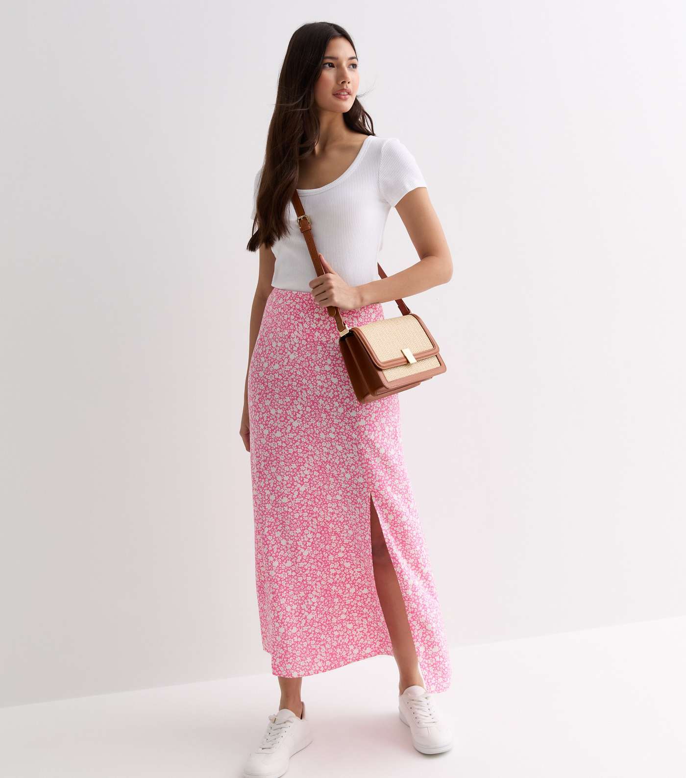 Pink Ditsy Floral Split Hem Midi Skirt Image 3