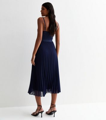 Navy Lace Strappy Pleated Midi Dress New Look