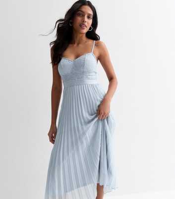 Pale Blue Lace Strappy Pleated Midi Dress