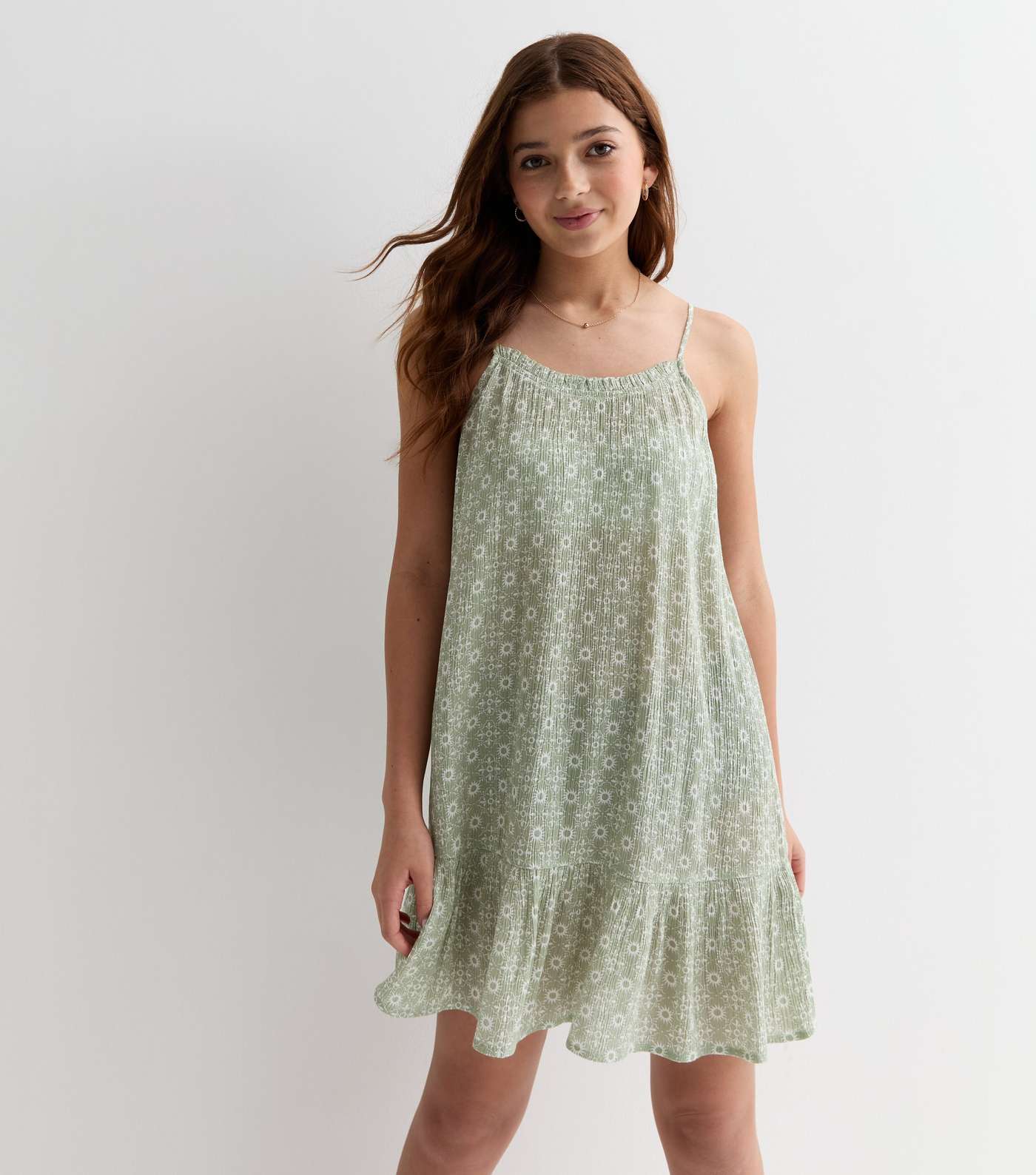 Girls Green Sun Print Strappy Tiered Mini Beach Dress