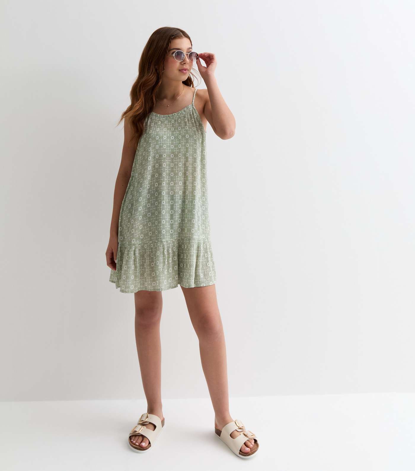 Girls Green Sun Print Strappy Tiered Mini Beach Dress Image 3