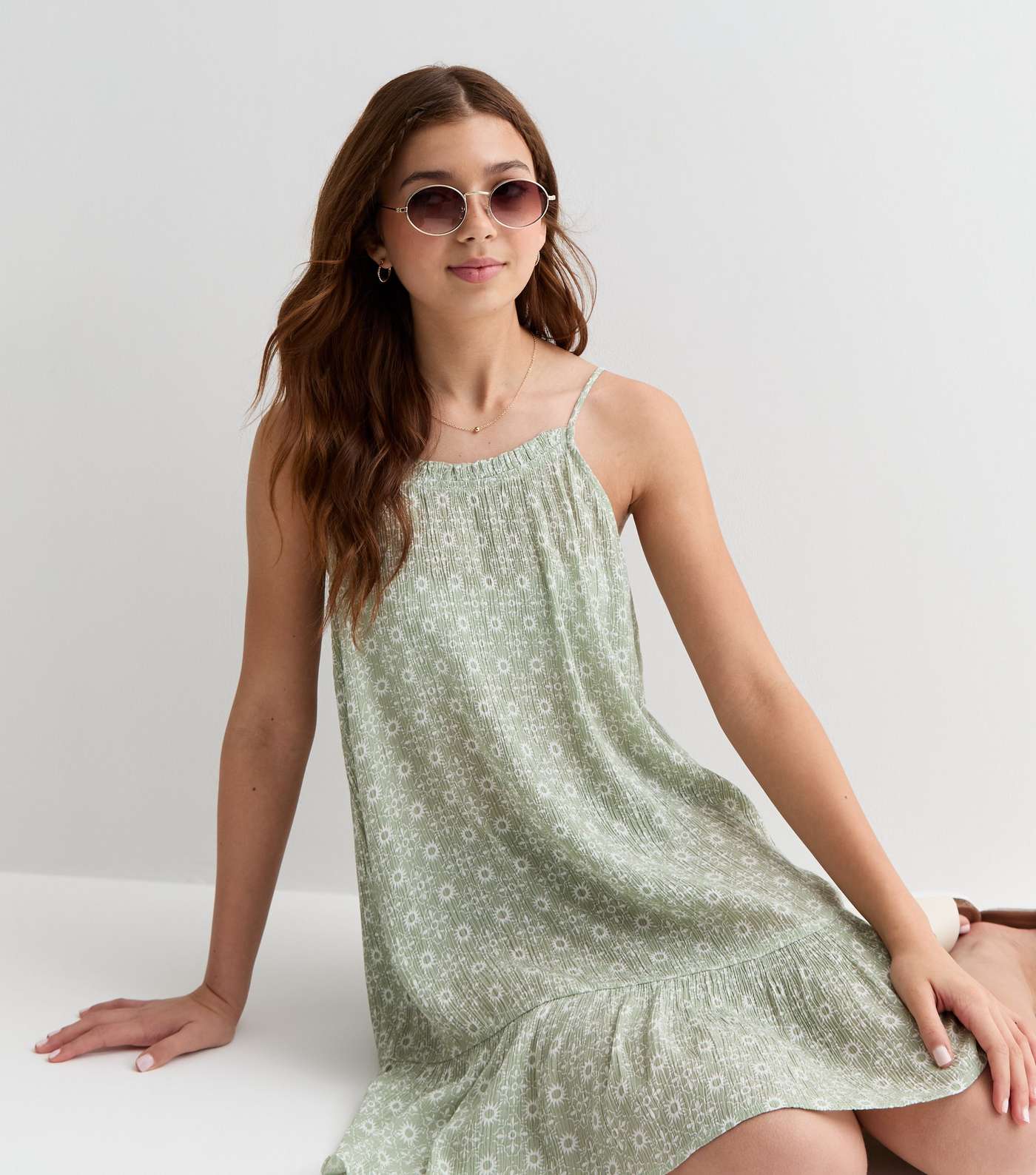 Girls Green Sun Print Strappy Tiered Mini Beach Dress Image 5