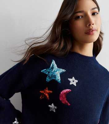 Sunshine Soul Navy Sequin Star Knit Jumper