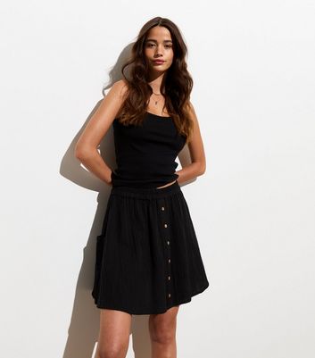 Black Crinkle-Textured Cotton Mini Skirt New Look