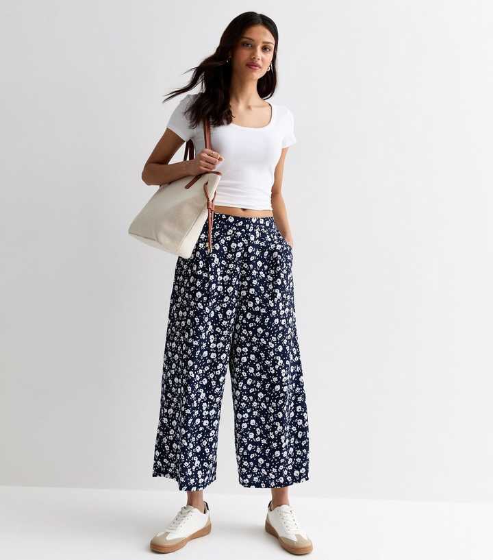 Navy Floral Wide Leg Crop Trousers