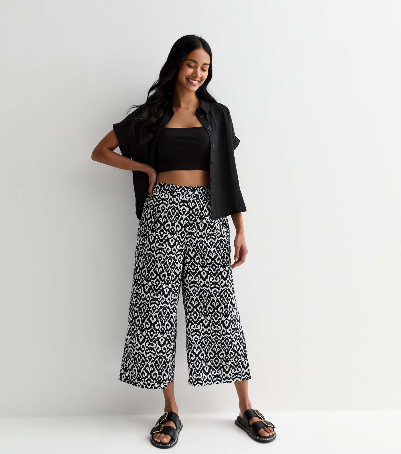 Black Abstract Print Crop Wide Leg Trousers Image 3