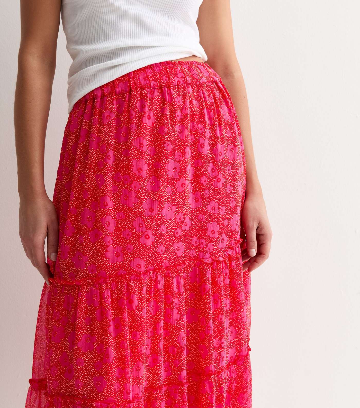 Red Floral Spot Print Tiered Midi Skirt Image 2