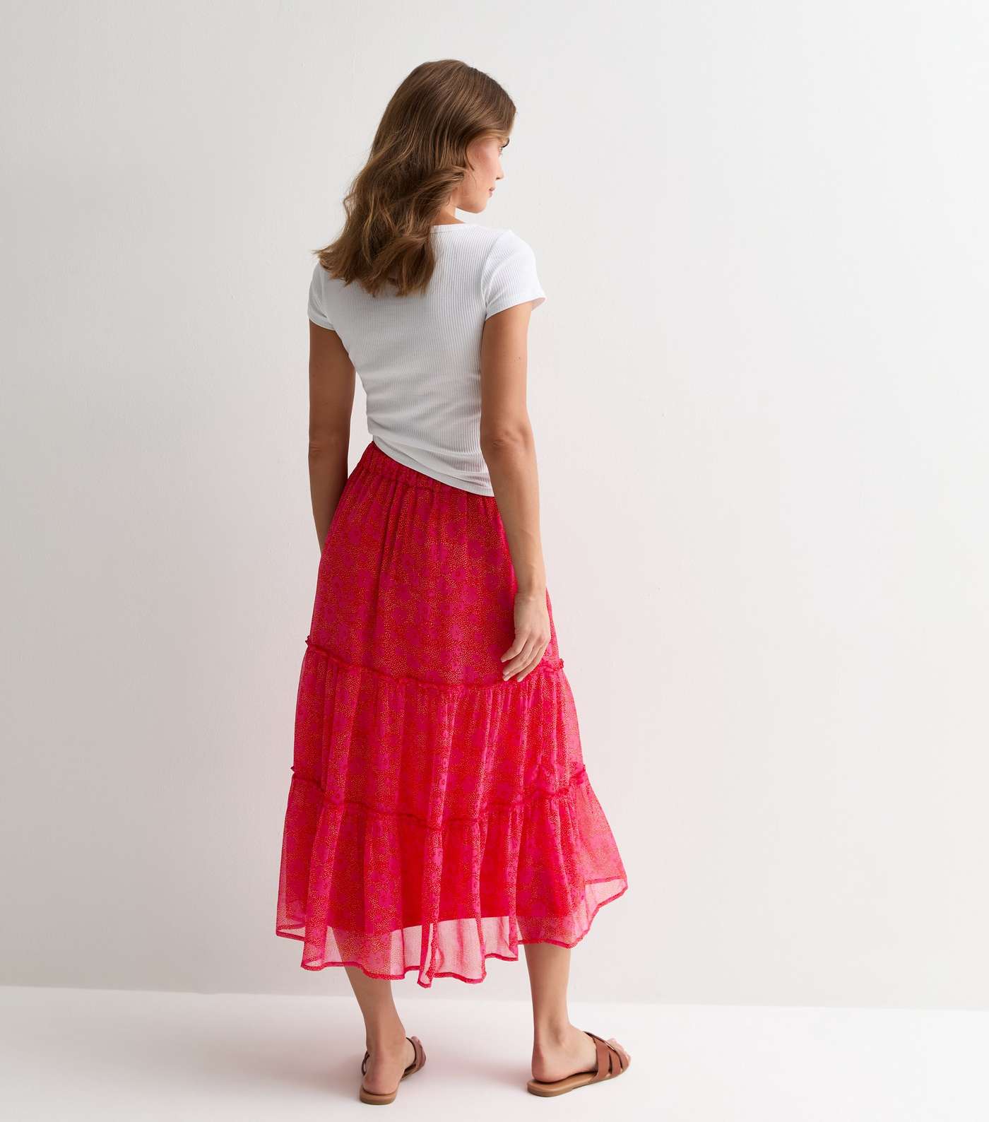 Red Floral Spot Print Tiered Midi Skirt Image 4
