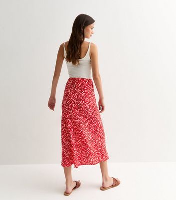 Red Patterned Bias Cut Midi Skirt New Look
